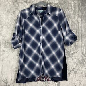 April Sky Shirt Womens Medium Embroidered Floral Aztec Velvet Plaid Tunic Top